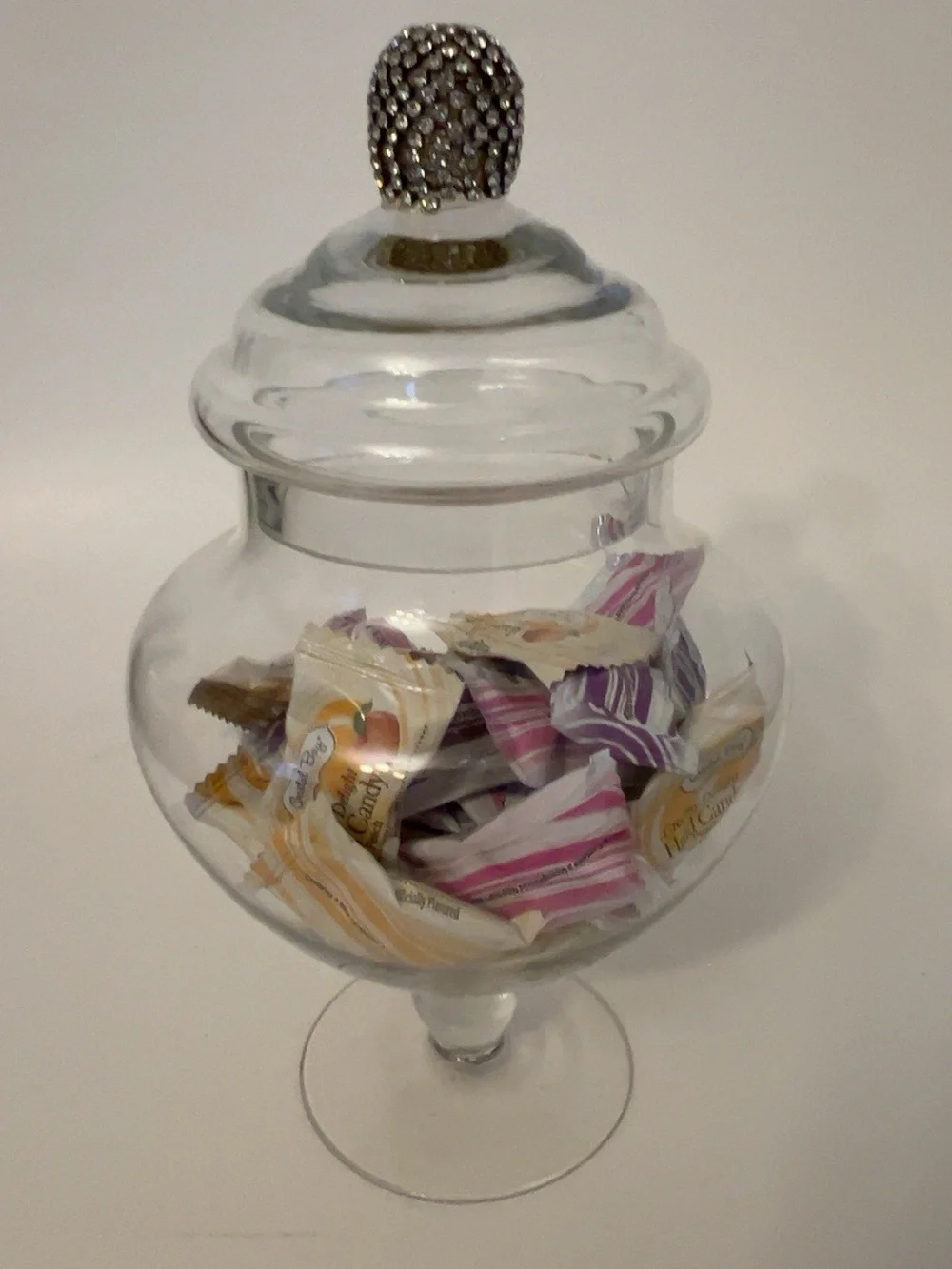 Clear Glass Pedestal Candy Jar with Rhinestone Lid – 9 Inches